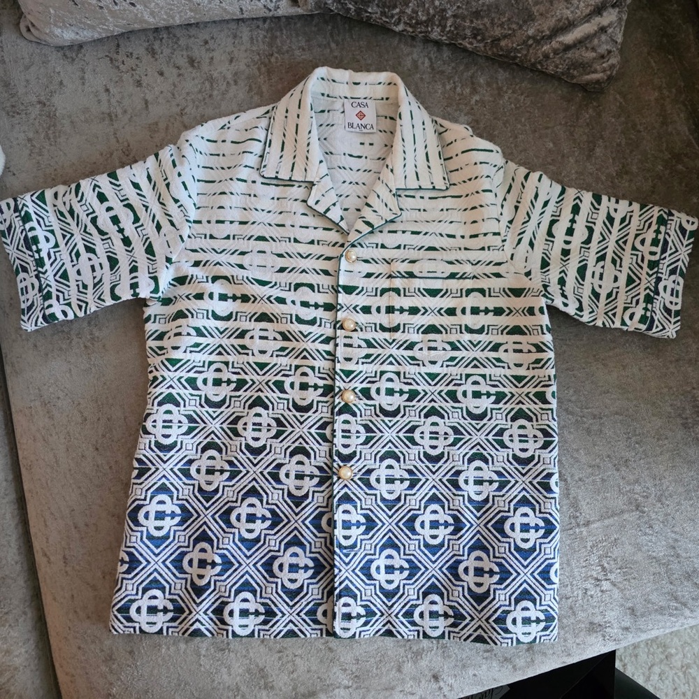 Brunello Cucinelli White and Green Patterned Shirt